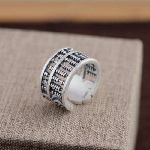 Retro Craft Ancient Chinese Abacus Big Domineering Opening Adjustable Mens Ring Silver Jewelry