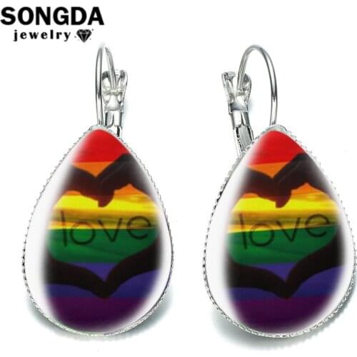 SONGDA Gay Pride Dangling Earrings Love is Love More Love Less Hate Rainbow Rhinestone Earrings Water Drop Decoration for Girls