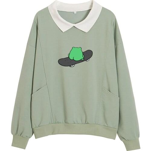 Cute Frog on Skateboard Hoodie Cotton Sweetshirt Long Sleeve Hoodies for Girls Best Friend Pullover Chic Casual Losse Chic Tops