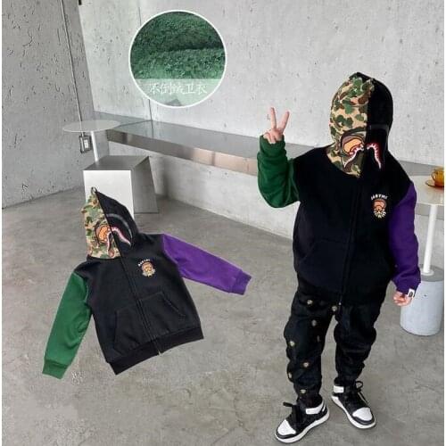 Fashion New Kids Boy Girls Cartoon Animal Green Camo Shark Hoodie Pattern Printed Tops Full Zipper Coat Casual Jacket