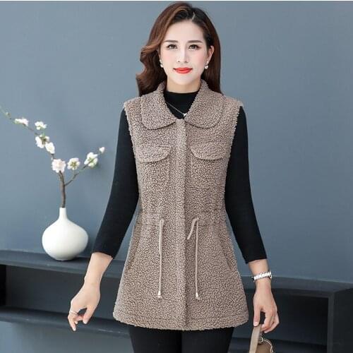 3XL 4XL Zipper Outwear Vest Lamb Wool Fall Winter Coat Women Drawstring Jacket Fleece Shaggy Warm Sleeveless Waistcoat Overcoat