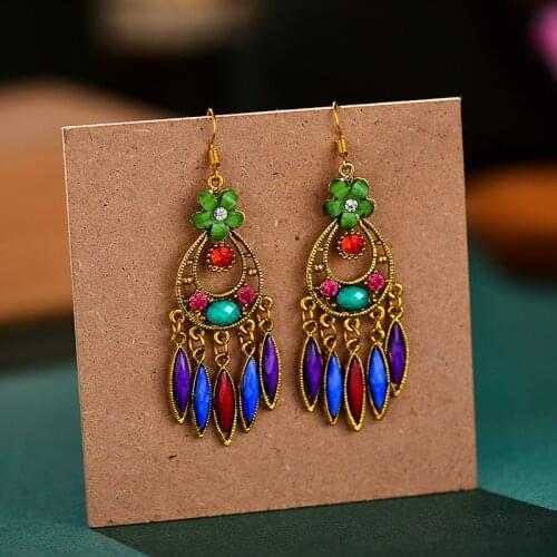 Vintage Indian Jhumka Women Red Tassel Drop Earrings Gypsy Jewelry Bohemian Ethnic Flower Carved Alloy Earring