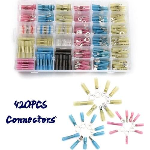 YT 420pcs Insulated Solder Sleeve Butt Terminal Heat Shrink Butt Piggyback Bullet Ring Crimp Waterproof Wire Cable Connector Kit