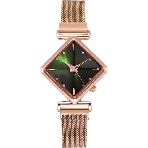 Women Steel Mesh Belt Wristwatch Emerald Square Dial Watches Ladies Time Piece Quartz Dress Bracelet Watch