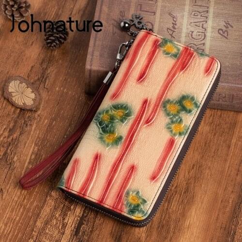 Johnature 2020 New Retro Embossed Large Clutch Wallet Women Genuine Leather Handmade Wallets Card Holder Soft Cowhide Purse