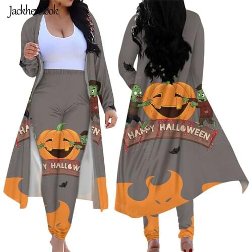 Jackherelook Womens 2 Piece Pants Set Happy Halloween Pumpkin Demon Print Long Sleeve Open Front Cardigans Skinny Legging Suits