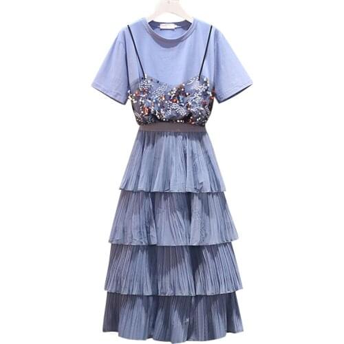 Women Sequin Mesh Fake 2 piece tshirt+Multi-layered ruffled cake skirt Suits Elegant Woman Two Piece Set