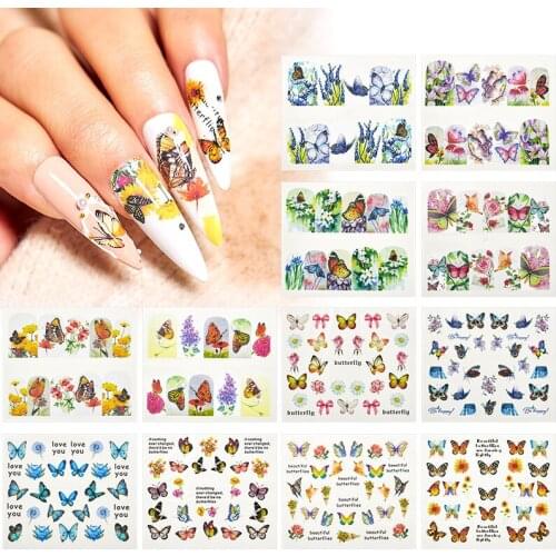 12pcs Butterfly Slider for Nail Art Decorations Sticker Set Water Transfer Decal Flower Leaves Girl Manicure DIY Tips