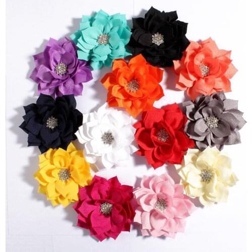 120pcs/lot 3.6" 13colors Hair Clips Lotus Leaf Flowers With Rhinestone Button For Hair Accessories Fabric Flowers For Headbands