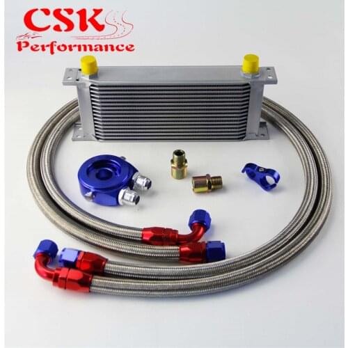 16 Row 248mm AN10 Universal Engine Transmission Oil Cooler British Type + Aluminum Filter Hose End Kit Blue