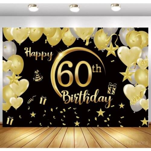 Gold Balloons Black Happy Birthday Backdrop Table Decor Cake Smash Banner Cheers Women 30 40 50th Banquet Party Photo Background