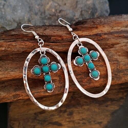 Bohemia Silver Color Round Earrings for Women Vintage Blue Resin Cross Beaded Drop Earring Brincos Jewelry Accessories