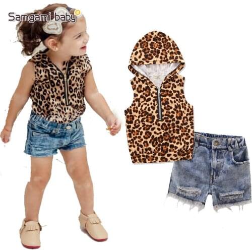 Children Kids Girls Summer Fashion Clothing Set Sleeveless Leopard Hooded Shirts + Denim Shorts 2pc Girl Jeans Suits