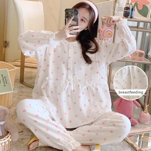Confinement Cotton Double-Layer Wrinkle Gauze Pregnant Women Pajamas Postpartum Breastfeeding Nursing Clothes