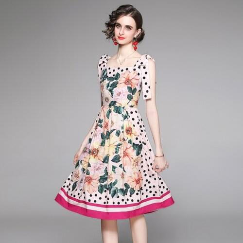 JSXDHK Fashion Summer Vacation Beach Vest Dress Women Square Collar Flower Dot Print Sleeveless Tie Bow Sexy Backless Boho Dress