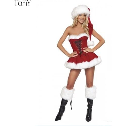 TaFiY 3Pcs Sexy Adult Women Christmas Costume Halloween Party Sweetheart Miss Santa Cosplay Dress+Hat+Foot Wear One Size