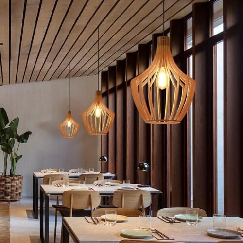 Nordic Restaurant Bar Creative LED Pendant Light Solid Wood Small Hanging Lamp German Birdcage Wooden Art Pastoral Pendant Lamps