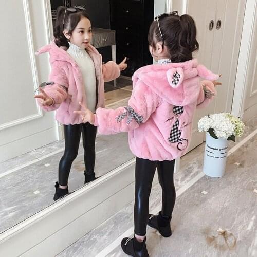 Girls Warm Winter Coat Thickened Faux Fur cat printing Kids Hooded Jacket Coat for Girl Outerwear Girls Clothes 4-12 years old