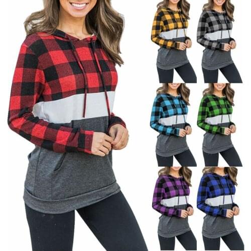 Hot Sale Autumn Womens Fashion Popular Street Style Loose Fit Splicing Check Pattern Comfortable Versatile Long Sleeves Hoodies