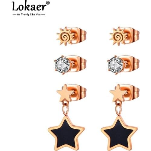 Lokaer Original Design Titanium Stainless Steel Star Rhinestone Earrings 3Pair/Set CZ Crystal Earrings For Women Girls E20289