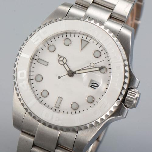 40MM White Sterile Dial Sapphire Glass Brushed Ceramic Bezel Date Glass Case Back MIYOTA 8215 Automatic Mens Wristwatch