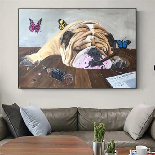 Drunk Asleep Smoking Bulldogge Cute Animal Wall Posters And Prints Painting On Canvas Art Decorative Pictures For Living Room