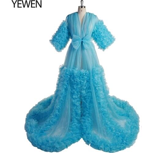 New arrival Organza Ruffles Tiered Prom Gown Short Sleeves V Neck Maternity Robes for Photoshoot Formal Party Dress Yewen 2021