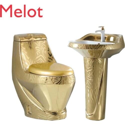 New design bathroom ceramic golden one piece pedestal basin color toilet set