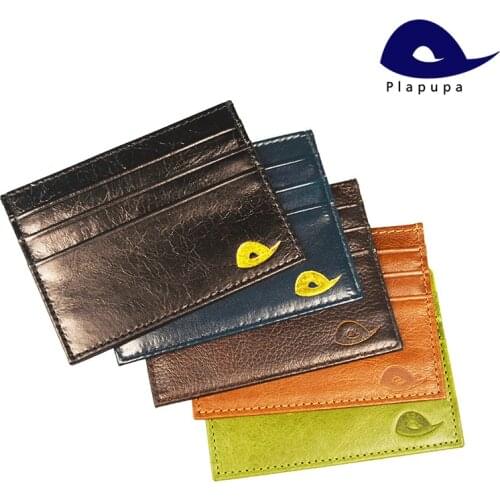 Plapupa Vintage Colorful Smooth Cow Leather Credit Card Holder Mens oil wax Business id card Wallet