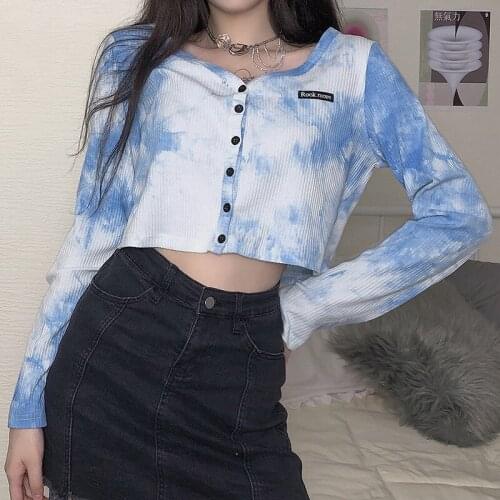 Casual ink painting small embroidery tie-dye knitted small cardigan early autumn new style V-neck thin short coat women