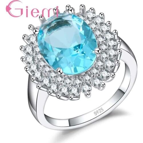Exaggerate Light Blue Zircon Crystal Jewelry Flower Shape Finger Ring for Women Luxury Jewelry 925 Sterling Silver Bague