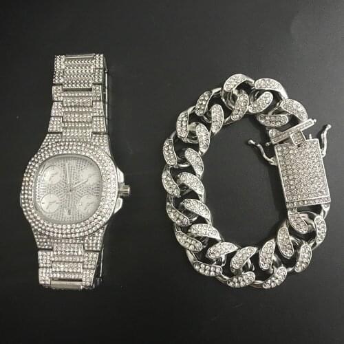 Luxury Men Watch + Braclete For Men Luxury Fashion Men Ice Out Cuban Watch Men Top Brand hip hop Jewerly For Men