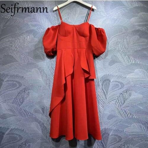 Seifrmann New 2021 Autumn Women Fashion Designer Party Midi Dress Sexy Spaghetti Strap High Waist Ruffles Solid Printed Dresses