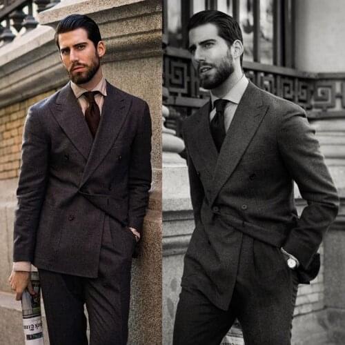 Grey Double Breasted Wedding Tuxedos Formal Business Best Men Coat Suits Prom Party Blazer Jacket (Jacket+Pants)