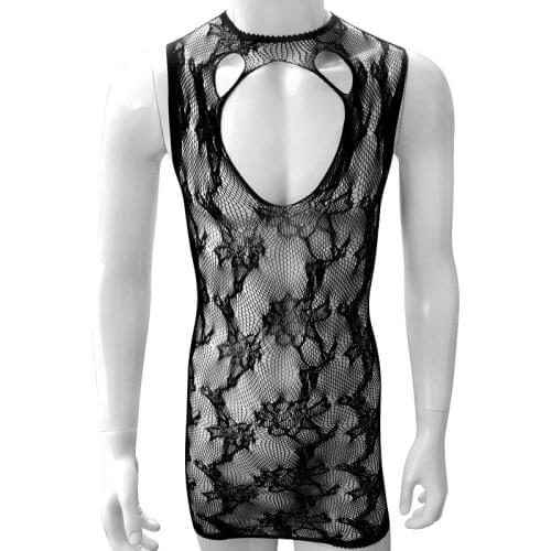 Mesh fun Siamese stockings See Thru Sexy Sissy Lingerie Babydoll Floral Black Body Stocking One Size erotic Gay Mens lingerie