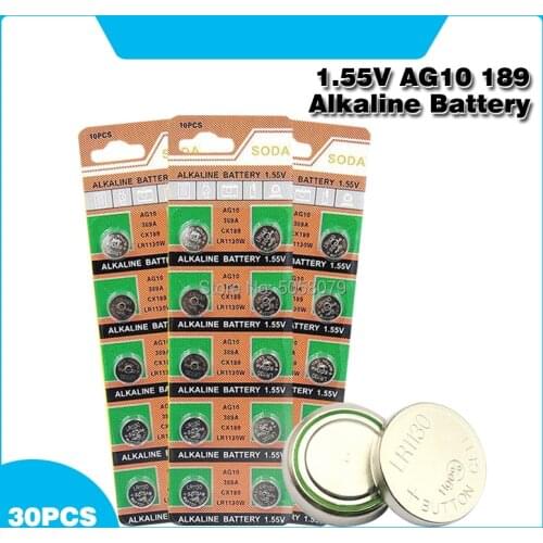 30PCS/pack AG10 LR54 Cell Coin Alkaline Battery for Watch Toys Remote 1.55V SR54 389 189 LR1130 SR1130 Button Batteries