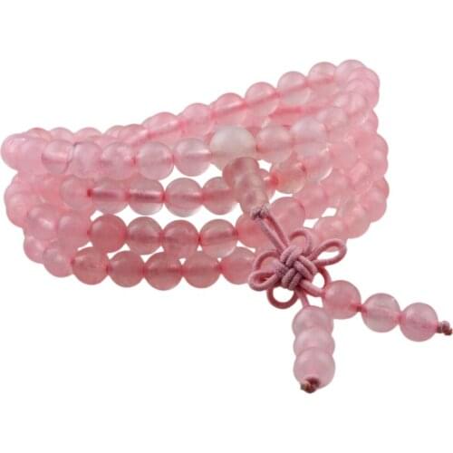 SUNYIK Pink Crystal Quartz 6mm Buddhist Buddha Meditation 108 Prayer Bead Mala Bracelet/Necklace