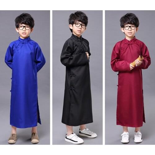 Traditional Fashion Chinese Gown Robe Thin Tang Suit Coat Kids Jacket Black Long Coat Hanfu Chinese Style Robe Cosplay Costume