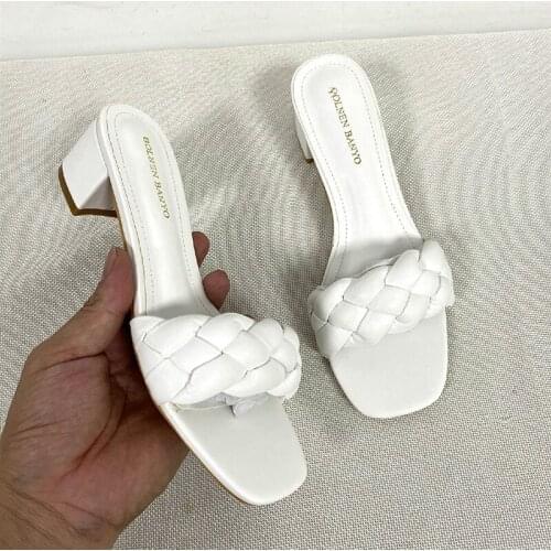 Square Low Heel Woman Sandals 2021 Summer Shoes Weave Open Toe Fashion Sandals Women Heels Leather Casual Outside Baech Shoes