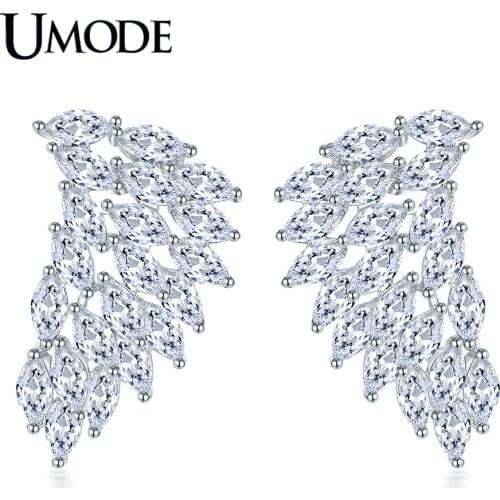 UMODE New Fashion Wing Feather Hollow Stud Earrings for Women White Gold Color Paved CZ Zircon Crystal Earring Jewelry AUE0654
