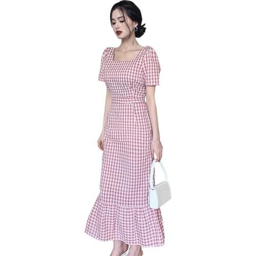 Plaid maxi tight one piece dress korean ladies sexy summer Short Sleeve cabaret party long Dresses for women