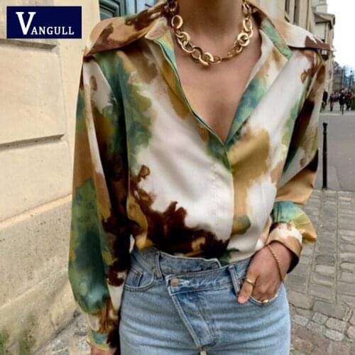 Vangull Fashion Vintage New Women Blouse 2021 Spring Summer Turn-down Collar Long Sleeve Panelled Green Print Loose Shirt Female