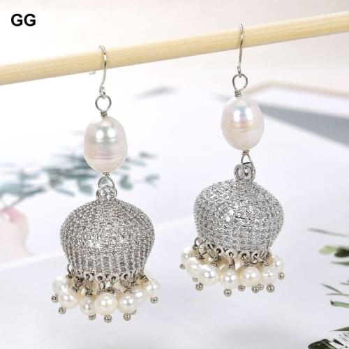 GuaiGuai Jewelry Natural Pearl White Rice Pearl Earrings Cz Fitting