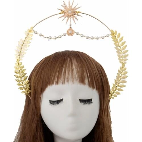 Gold Halo Crown Headdress Vintage Sunburst Virgin Mary Bead Chain Baroque Lolita Tiara Headpiece