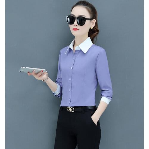 Womens Spring Autumn Style Blouse Shirt Womens Solid Color Long Sleeve Turn-down Collar Patchwork Button Office Tops DD8350