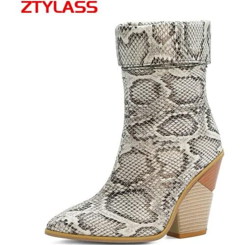Snake Print Black Red Womens Shoes Fashion Slip On Wedges High Heel Ankle Boots Ladies Pointed Toe Autumn Winter Short Boots