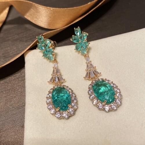Luxury Colorful Gemstone Earring Ocean Green Broken Dirll Stud Earrings For Women Retro Elegant Emerald Earrings Party Earrings