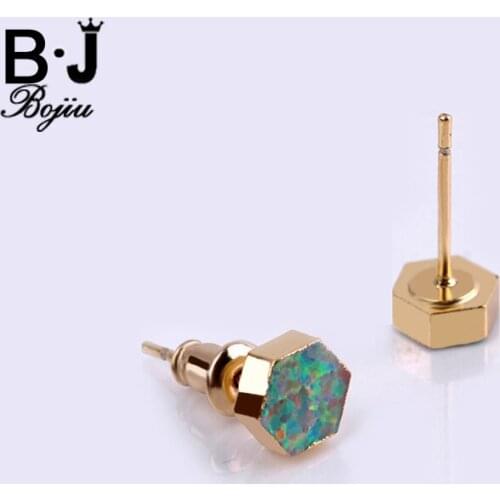 Bojiu Hexagon Stud Earrings Fashion Gold-color Black Blue Fire Opal Stone Earrings For Women Exquisite Jewelry Gifts EA015