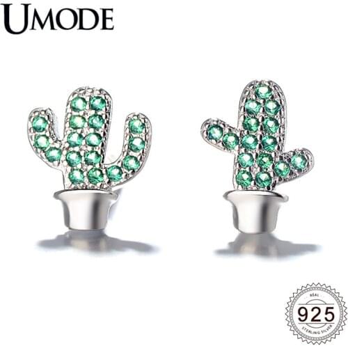 UMODE 2019 New 925 Sterling Silver Green Zircon Cactus Stud Earrings for Women Paved CZ Birthday Gift Silver 925 Jewelry ALE0648