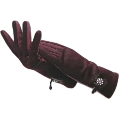 Gloves winter ladies wrist fashion sheepskin gloves wine red new warm womens leather AB version wool lining imitation sea lion